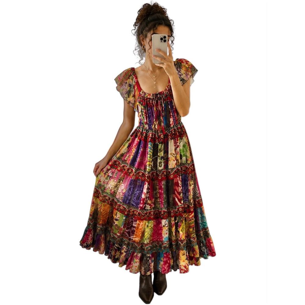 Boho Patchwork Maxi Dress Ruffles Size L XL Dopamine Eclectic Artsy Festival
